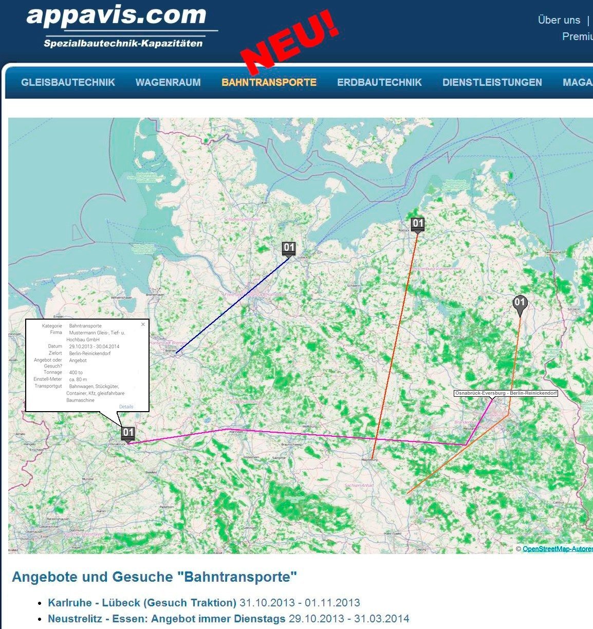 Die Streckenkennzeichnung erfolgt durch unsere, Ihnen aus den anderen Menüs, bekannten Icon-Symbole.
Schildförmig-eckige Icon stehen für Angebote; tropfenförmige- für Gesuche.
Wenn Sie mit der Maus über die Strecke fahren wird die Strecke hervorgehoben und benennt zusätzlich Start- und Zielort. Auf Klick gelangen Sie in die gesonderte Detail-Ebene.